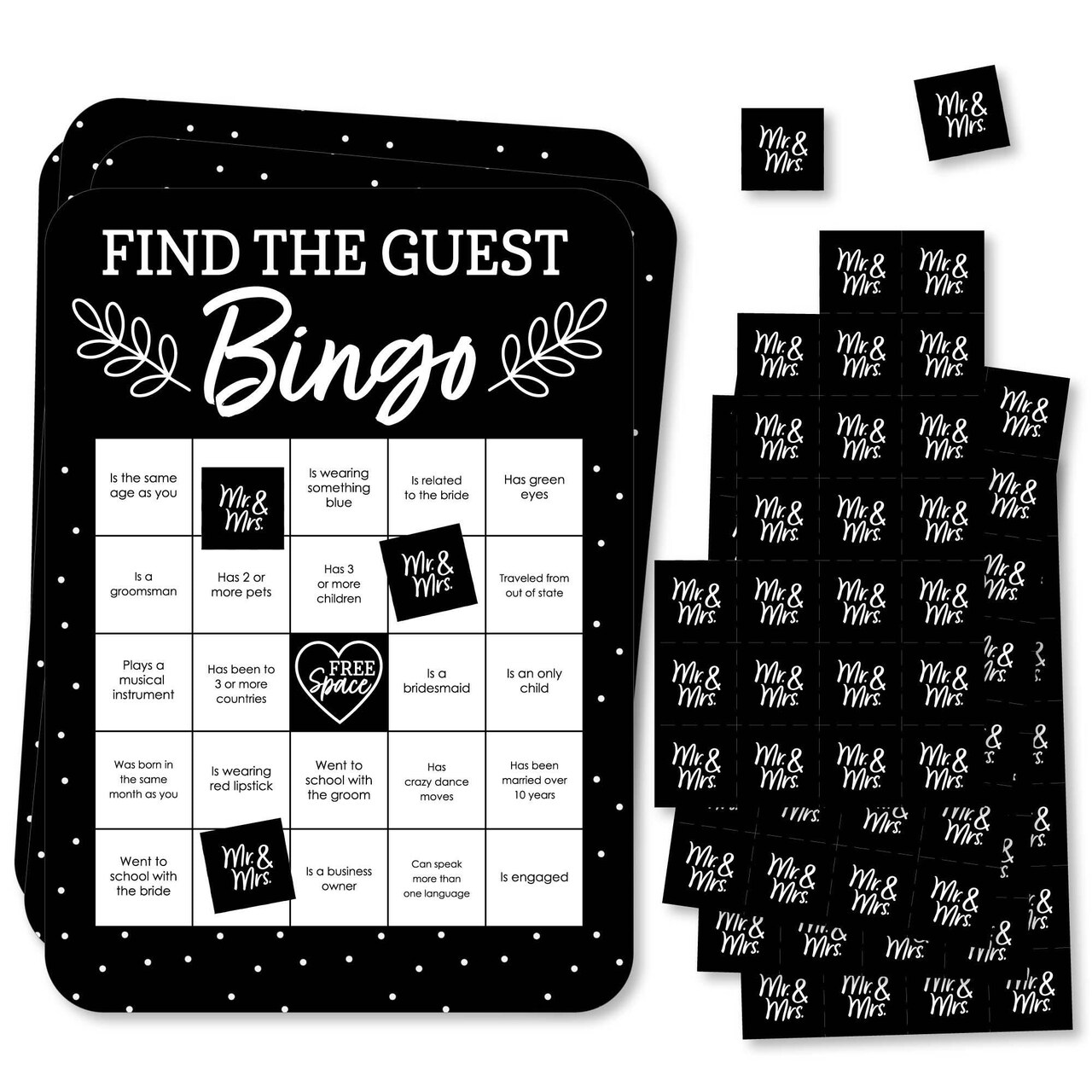 Big Dot of Happiness Mr. and Mrs. - Find the Guest Bingo Cards and Markers - Black and White Wedding or Bridal Shower Bingo Game - Set of 18